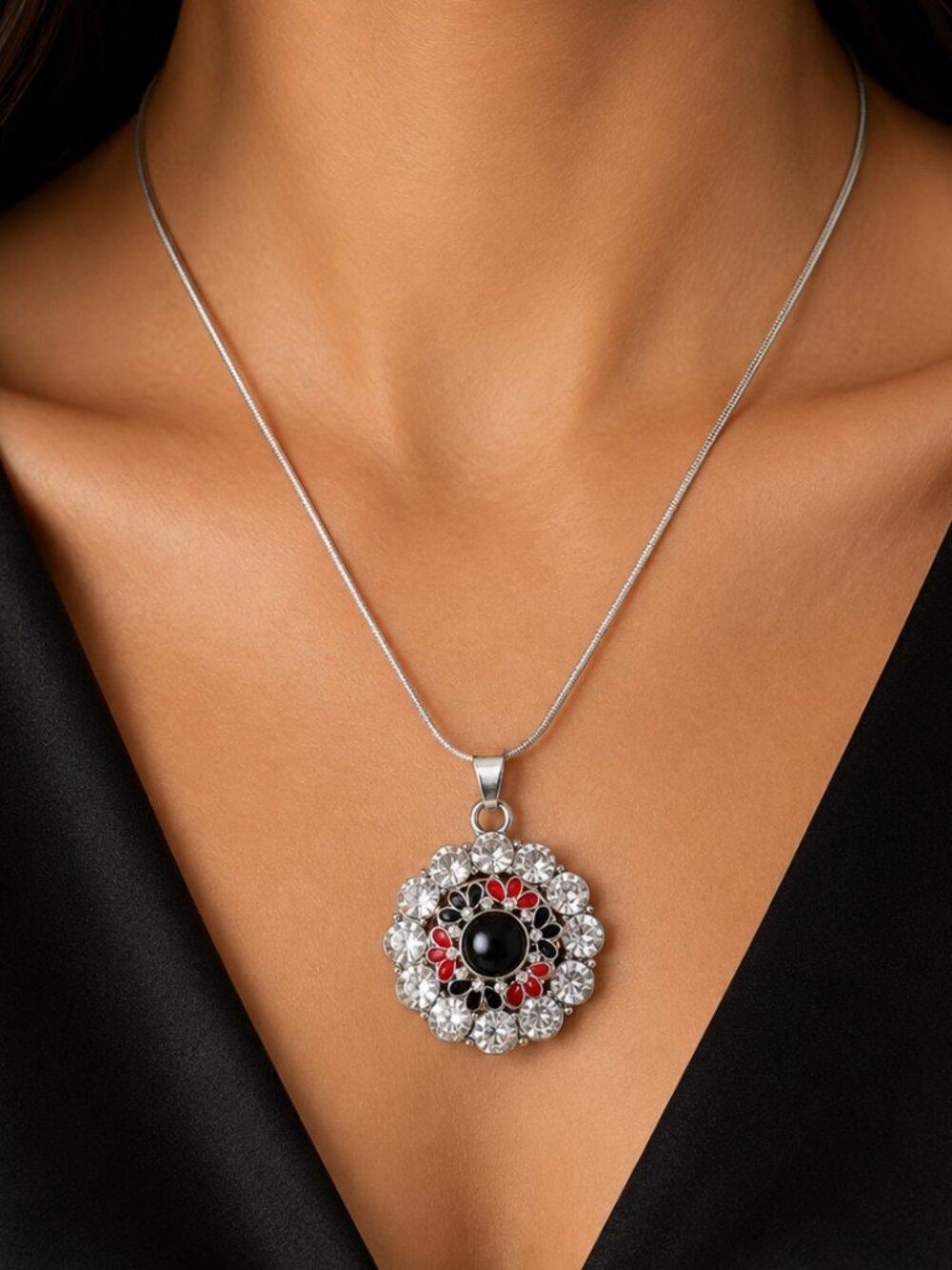 Silver Rhinestone Halo Snap Necklace Black Red Floral Snap 18"